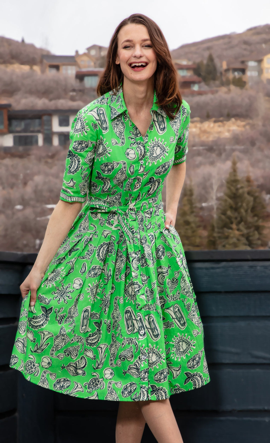 Dizzy-Lizzie Mrs Maisel Dress - Green Black Whimsy Print available at Barbara Katz