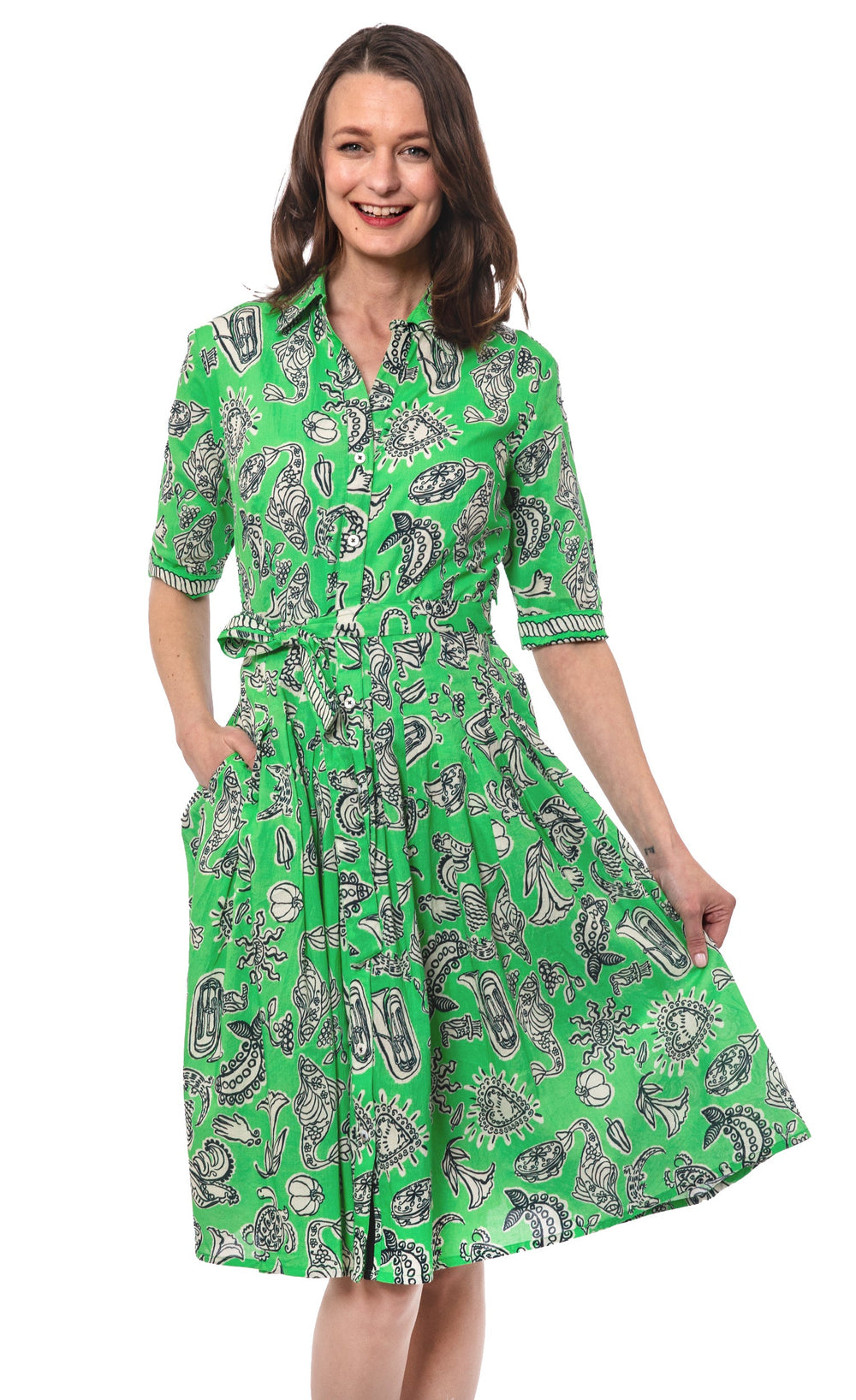 Dizzy-Lizzie Mrs Maisel Dress - Green Black Whimsy Print available at Barbara Katz