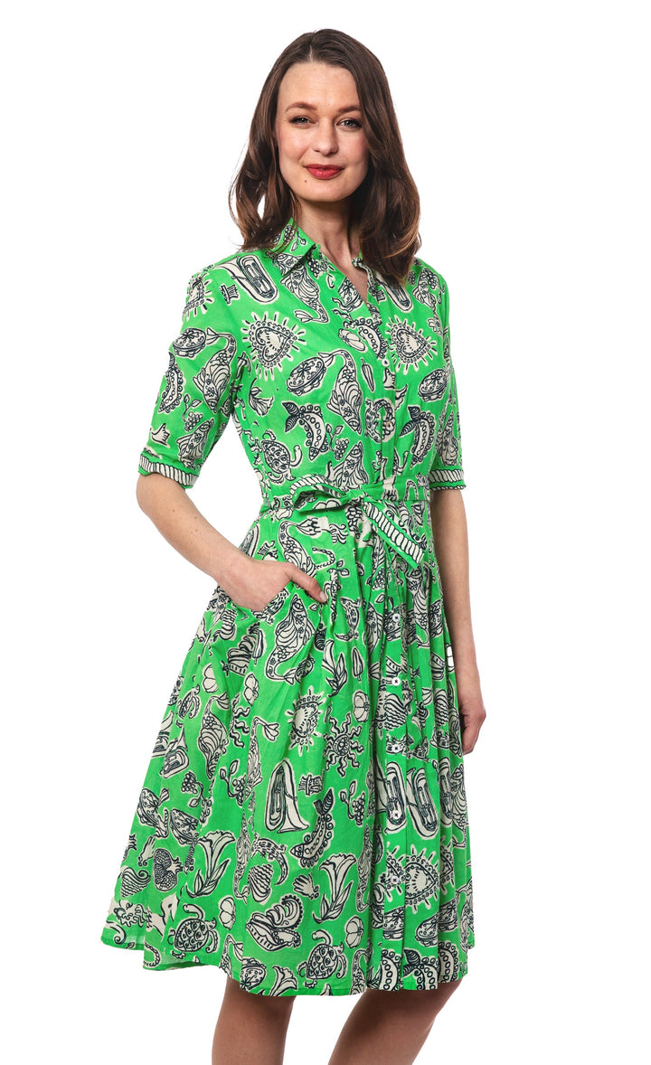 Dizzy-Lizzie Mrs Maisel Dress - Green Black Whimsy Print available at Barbara Katz