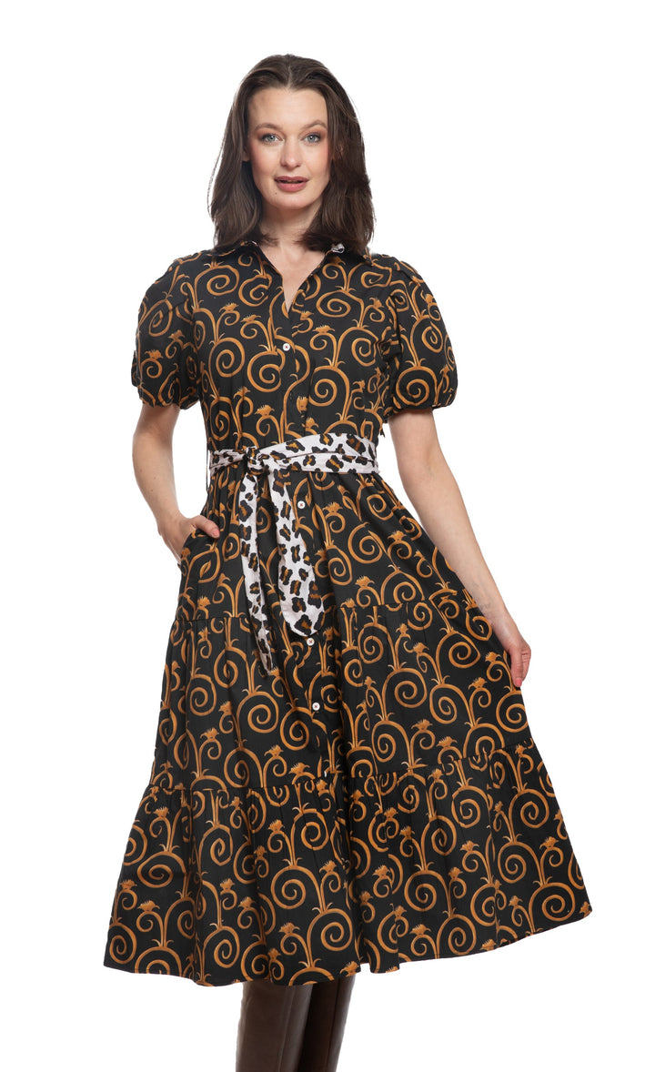 Dizzy-Lizzie Litchfield Dress - Black and Gold Swirl Print available at Barbara Katz