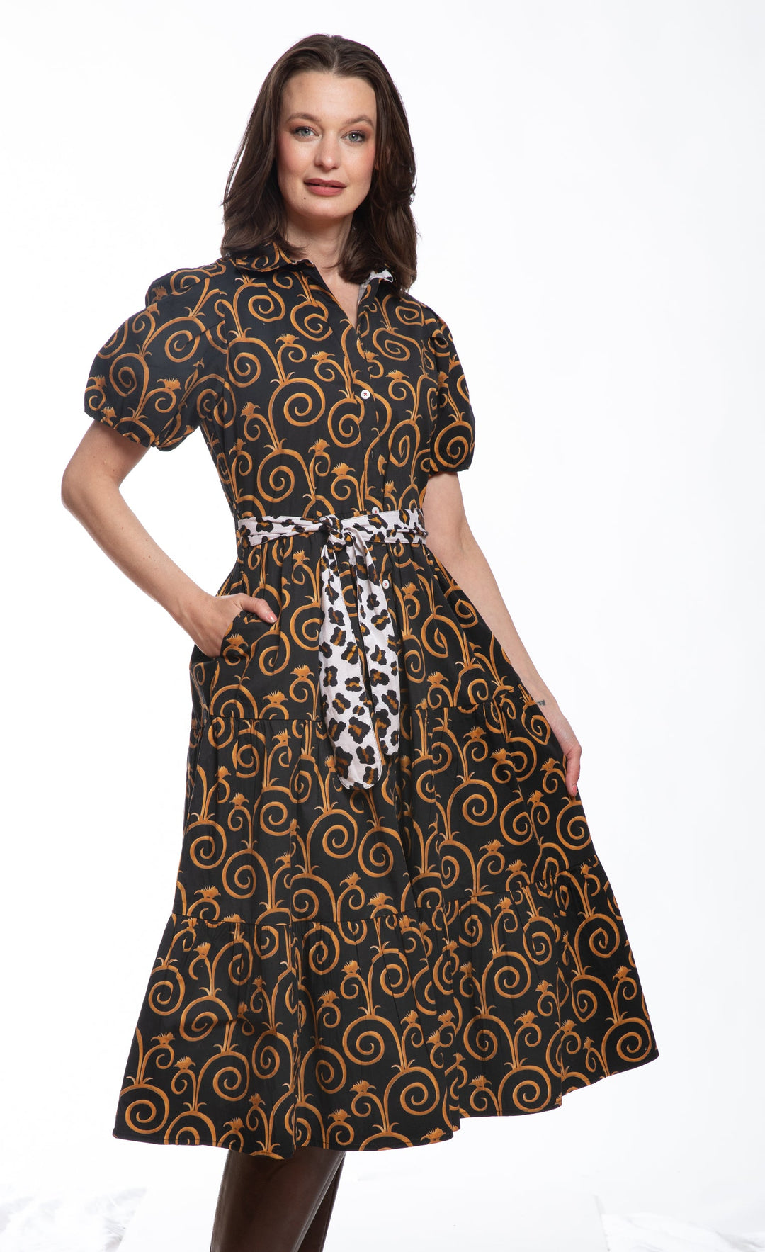 Dizzy-Lizzie Litchfield Dress - Black and Gold Swirl Print available at Barbara Katz