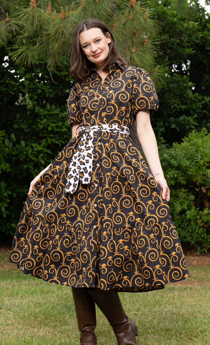 Dizzy-Lizzie Litchfield Dress - Black and Gold Swirl Print available at Barbara Katz