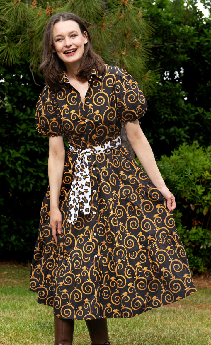 Dizzy-Lizzie Litchfield Dress - Black and Gold Swirl Print available at Barbara Katz
