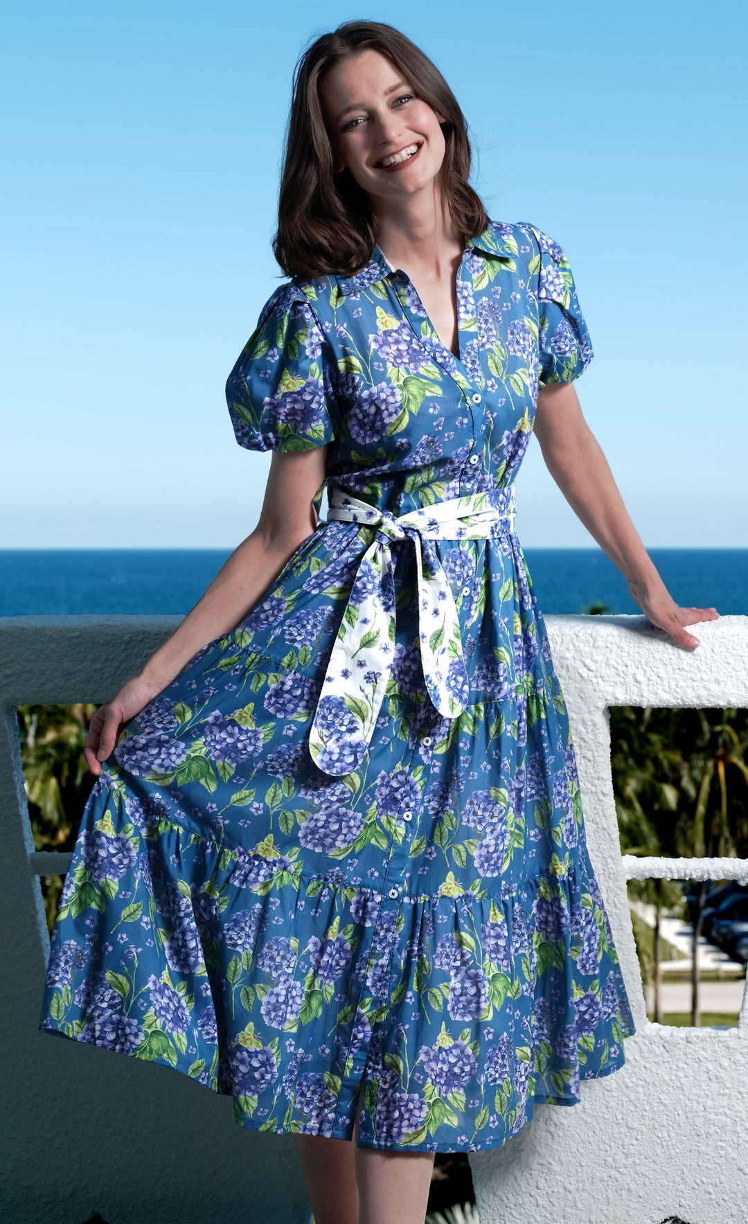 Dizzy-Lizzie Litchfield Dress - Navy Ground Hydrangea Print available at Barbara Katz