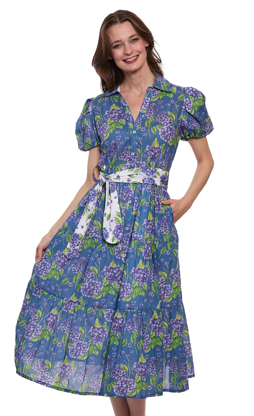 Dizzy-Lizzie Litchfield Dress - Navy Ground Hydrangea Print available at Barbara Katz