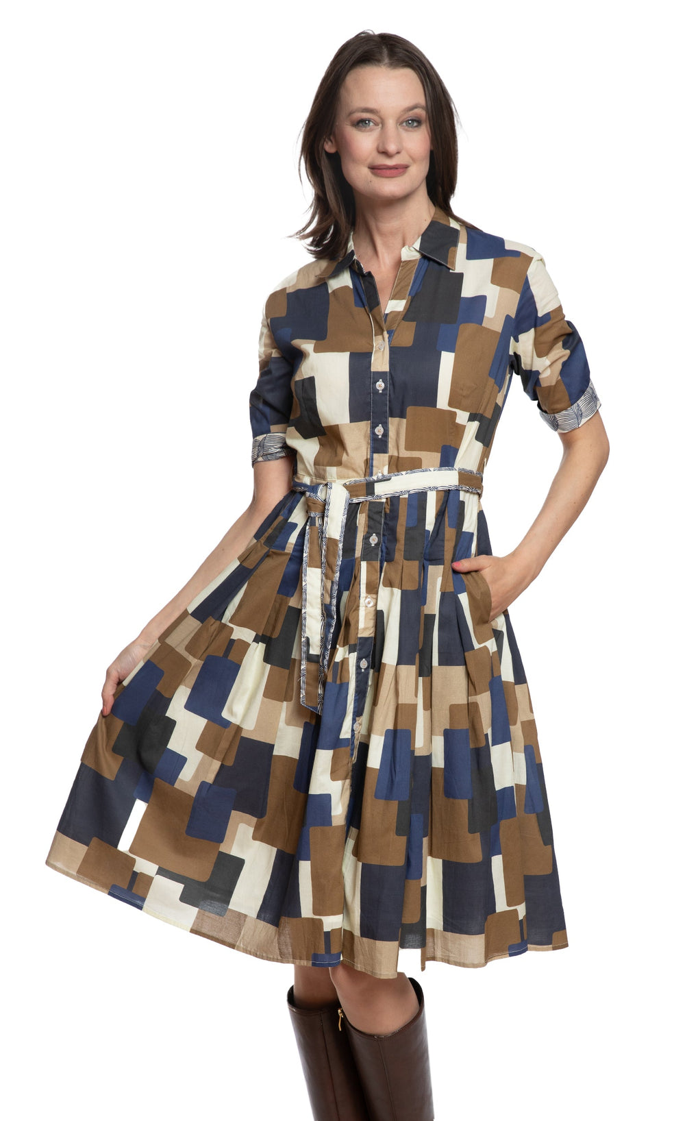 Dizzy-Lizzie Mrs Maisel Dress - Chocolate Blue Squares Print available at Barbara Katz