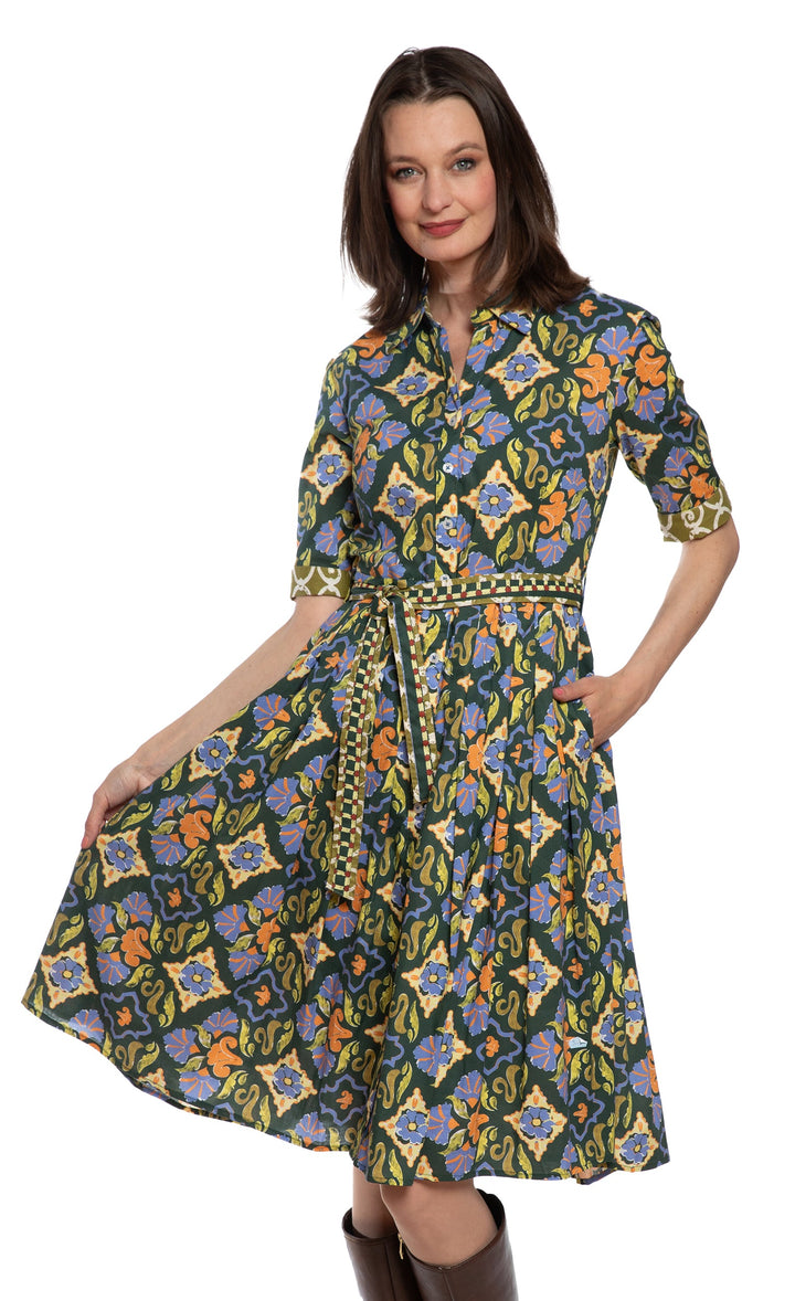 Dizzy-Lizzie Mrs Maisel Dress - Green Rust Navy Ornate Print available at Barbara Katz