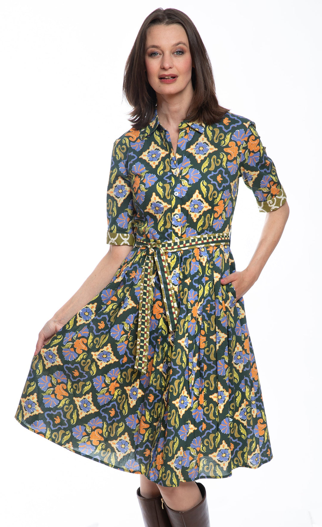 Dizzy-Lizzie Mrs Maisel Dress - Green Rust Navy Ornate Print available at Barbara Katz