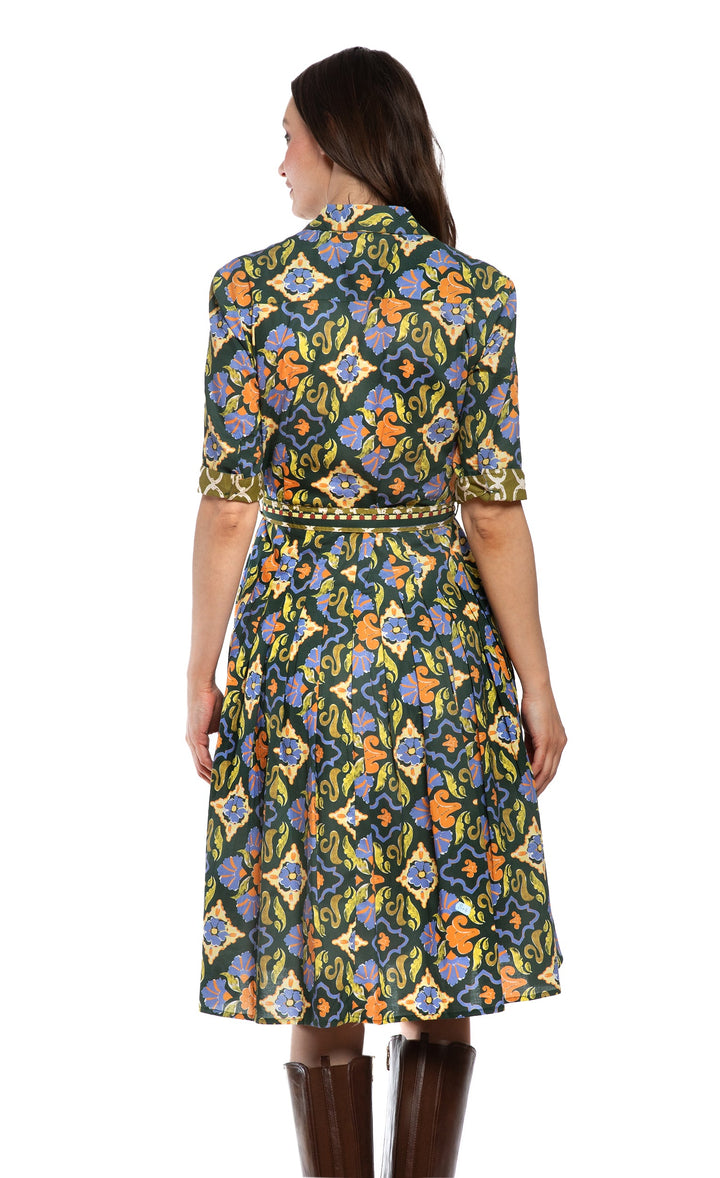 Dizzy-Lizzie Mrs Maisel Dress - Green Rust Navy Ornate Print available at Barbara Katz