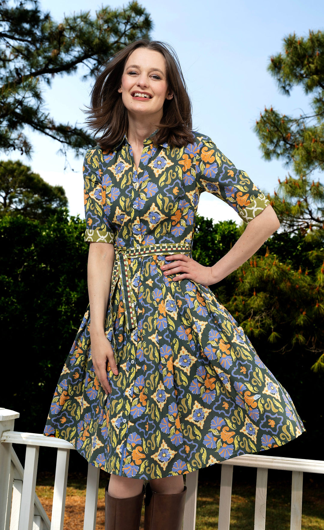 Dizzy-Lizzie Mrs Maisel Dress - Green Rust Navy Ornate Print available at Barbara Katz