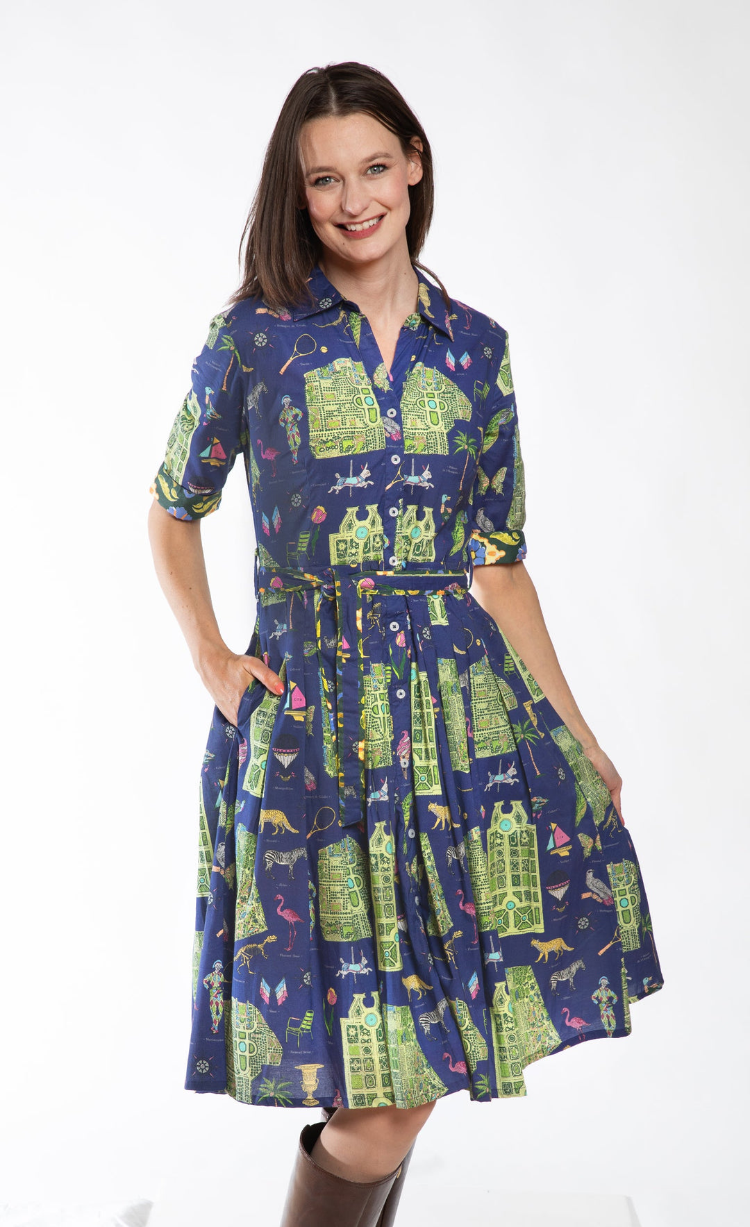 Dizzy-Lizzie Mrs Maisel Dress in Navy Ground with Paris Maps available at Barbara Katz