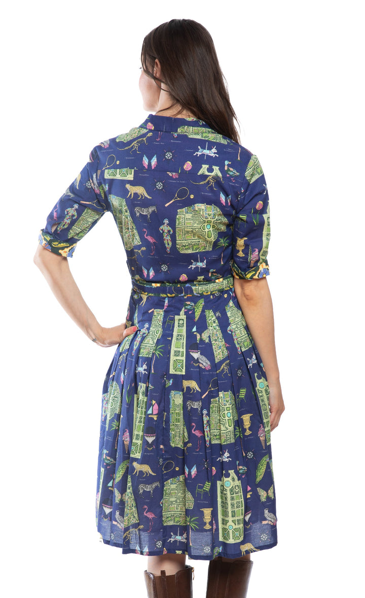 Dizzy-Lizzie Mrs Maisel Dress in Navy Ground with Paris Maps available at Barbara Katz