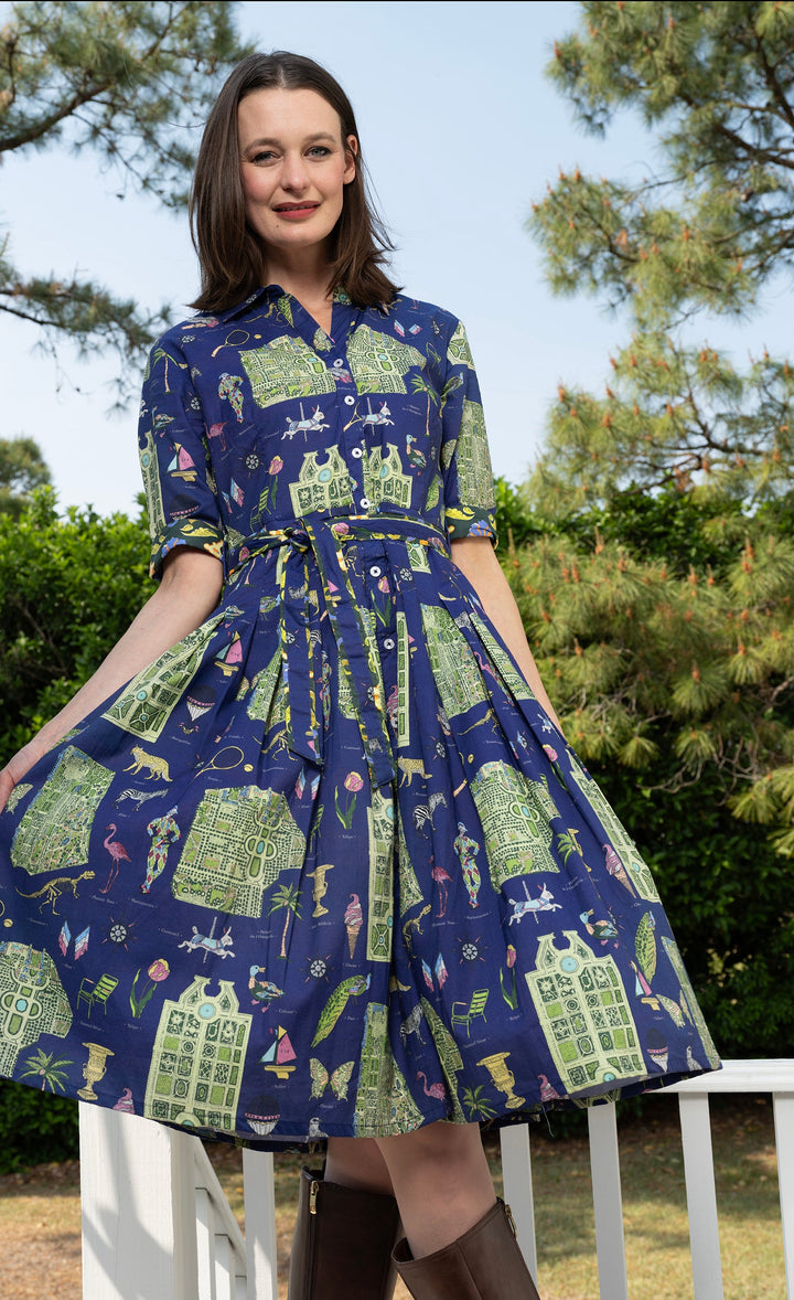 Dizzy-Lizzie Mrs Maisel Dress in Navy Ground with Paris Maps available at Barbara Katz