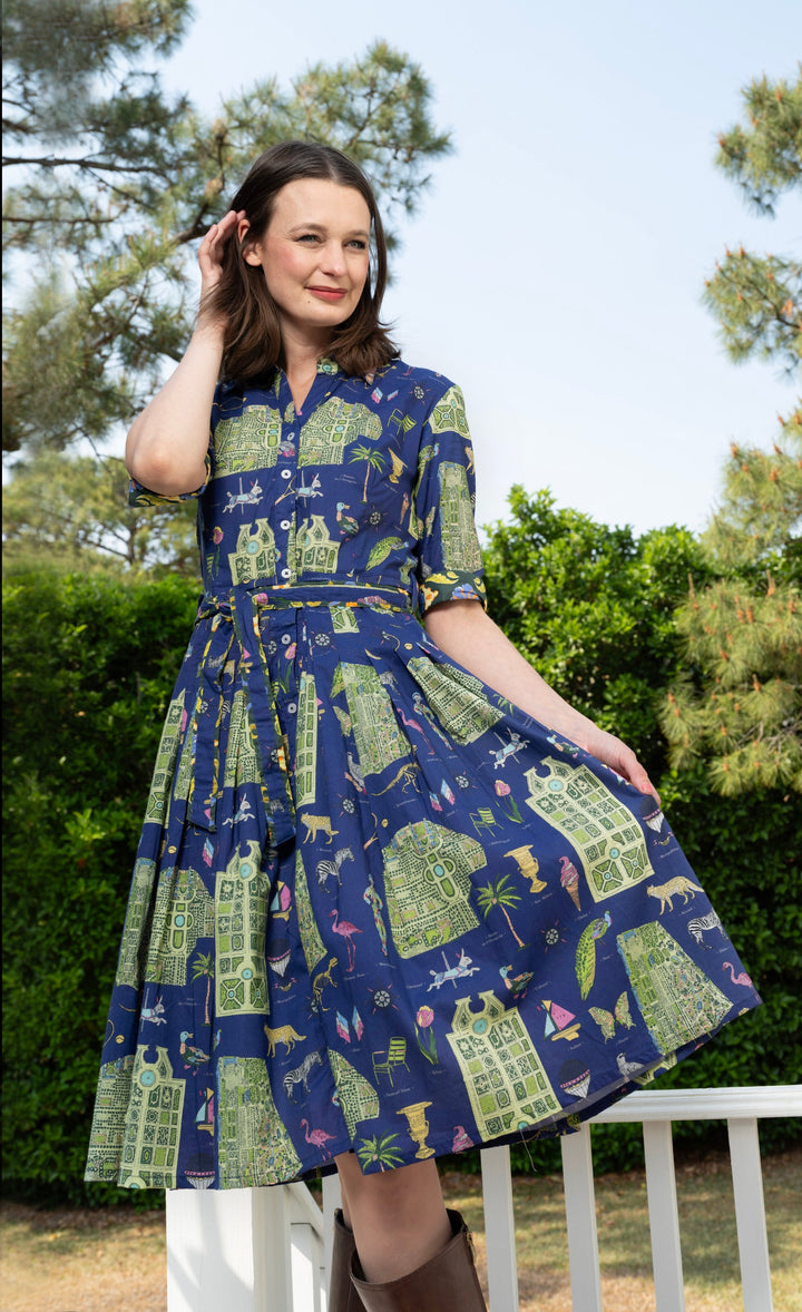 Dizzy-Lizzie Mrs Maisel Dress in Navy Ground with Paris Maps available at Barbara Katz