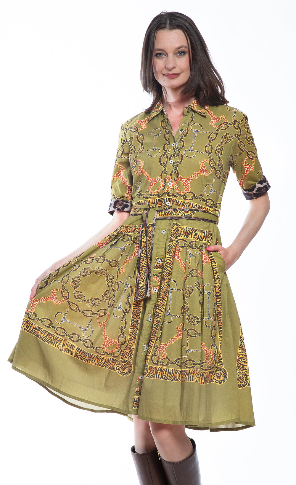 Dizzy-Lizzie Mrs Maisel Dress - Green Belt Print available at Barbara Katz