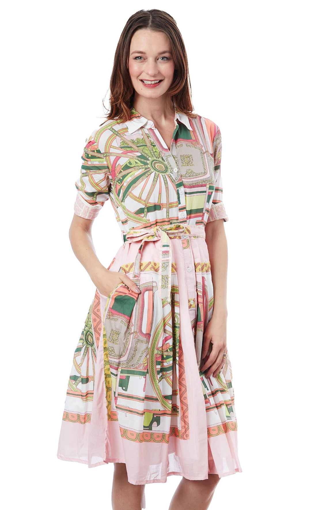 Dizzy-Lizzie Mrs Maisel Dress - Pink Wheel Print available at Barbara Katz