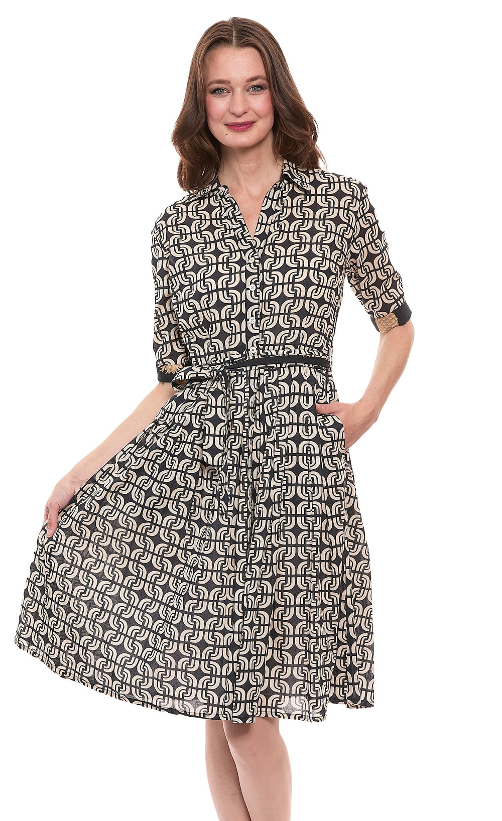 Dizzy-Lizzie Mrs Maisel Dress - Black Ivory Geo Print available at Barbara Katz