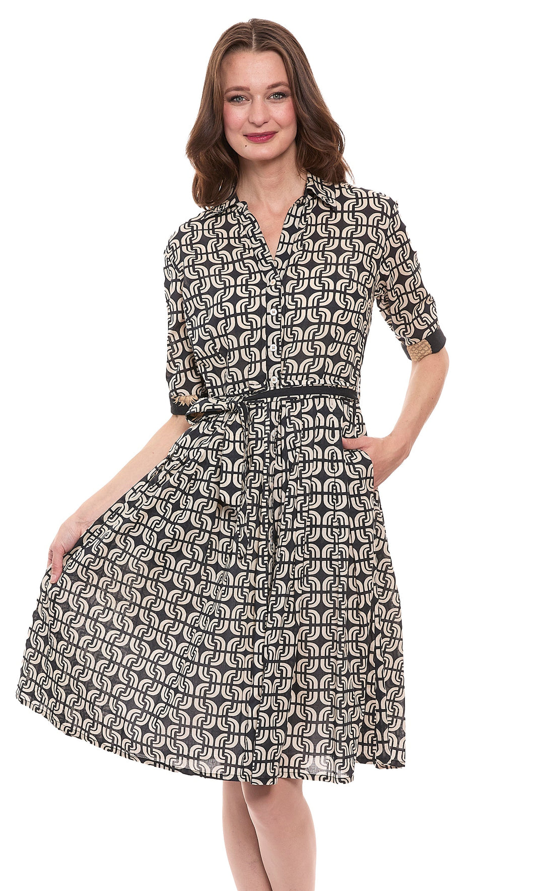 Dizzy-Lizzie Mrs Maisel Dress - Black Ivory Geo Print available at Barbara Katz