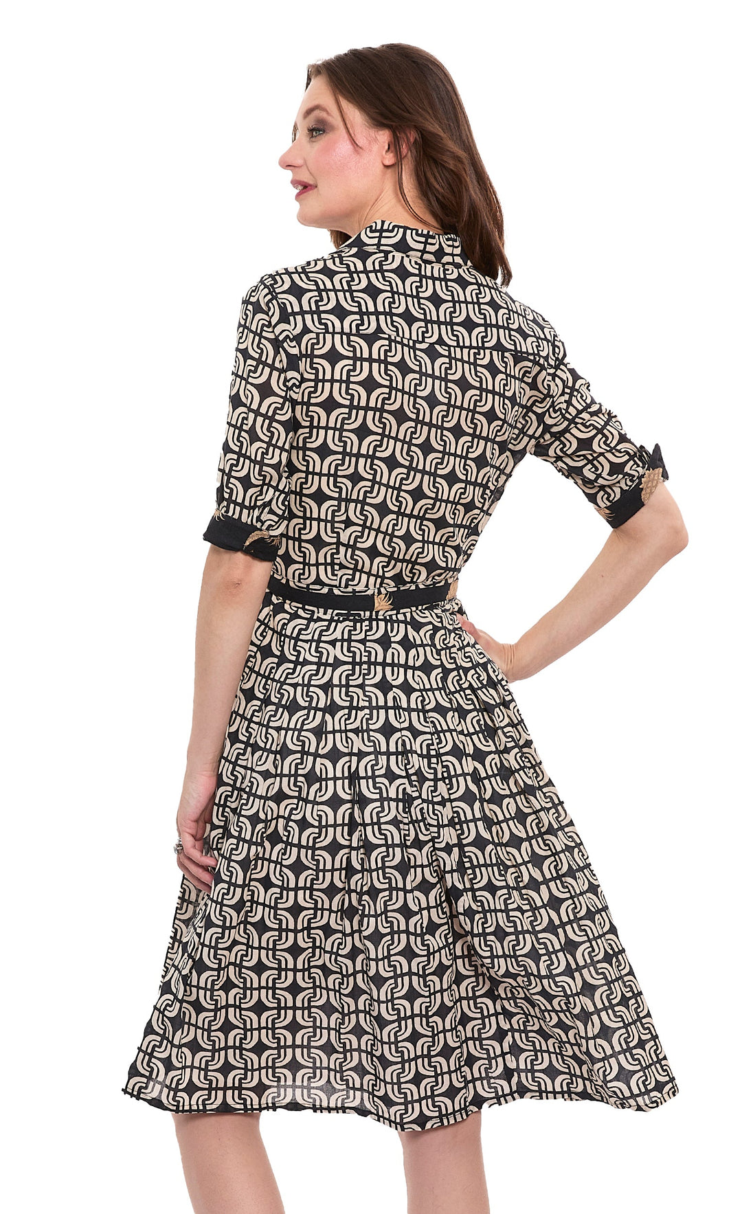 Dizzy-Lizzie Mrs Maisel Dress - Black Ivory Geo Print available at Barbara Katz