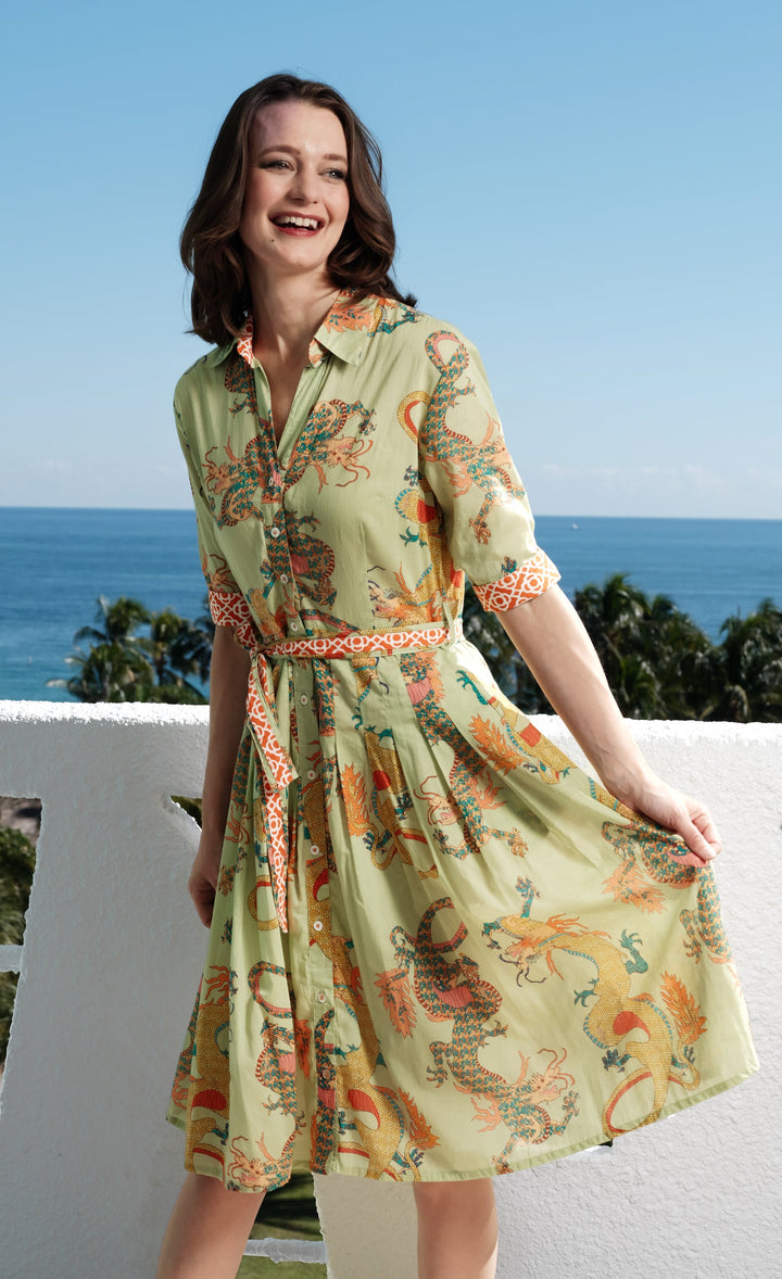 Dizzy-Lizzie Mrs Maisel Dress in Soft Green Dragon Print available at Barbara Katz