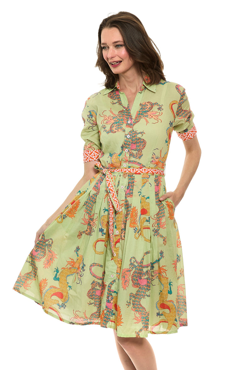 Dizzy-Lizzie Mrs Maisel Dress in Soft Green Dragon Print available at Barbara Katz