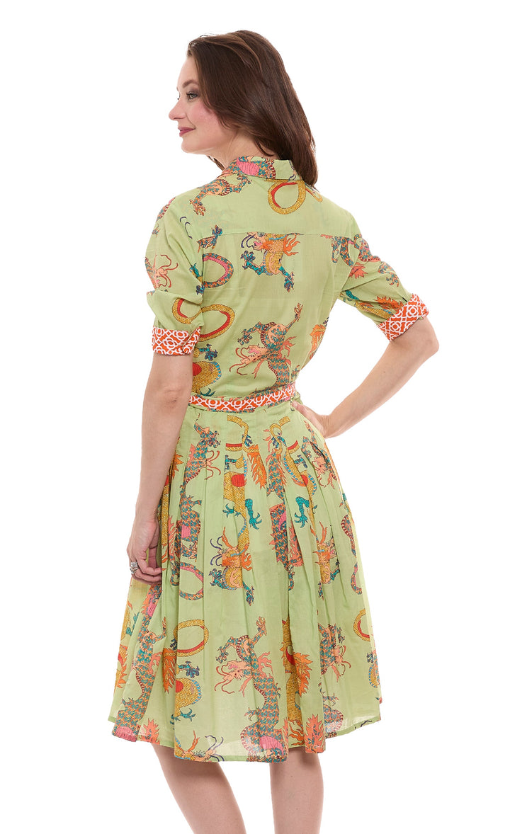 Dizzy-Lizzie Mrs Maisel Dress in Soft Green Dragon Print available at Barbara Katz
