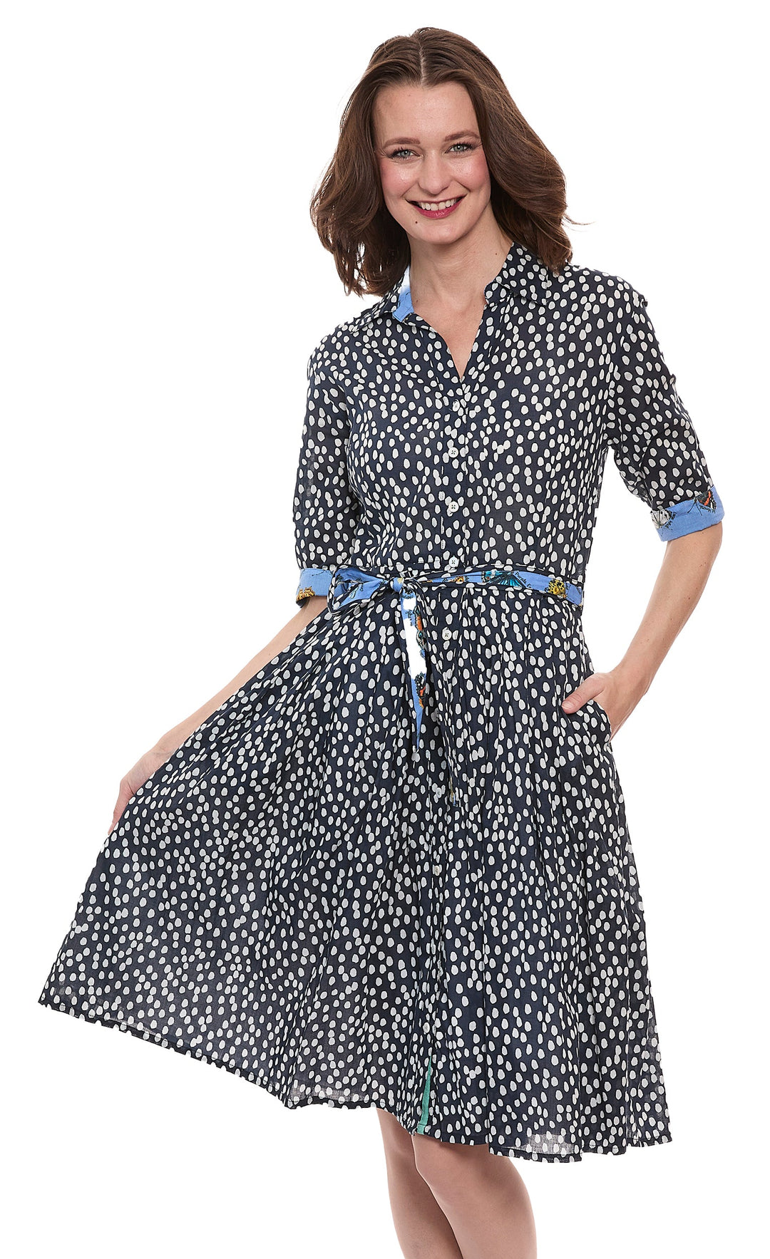 Dizzy-Lizzie Mrs Maisel Dress - Navy White Polka Dot Print available at Barbara Katz