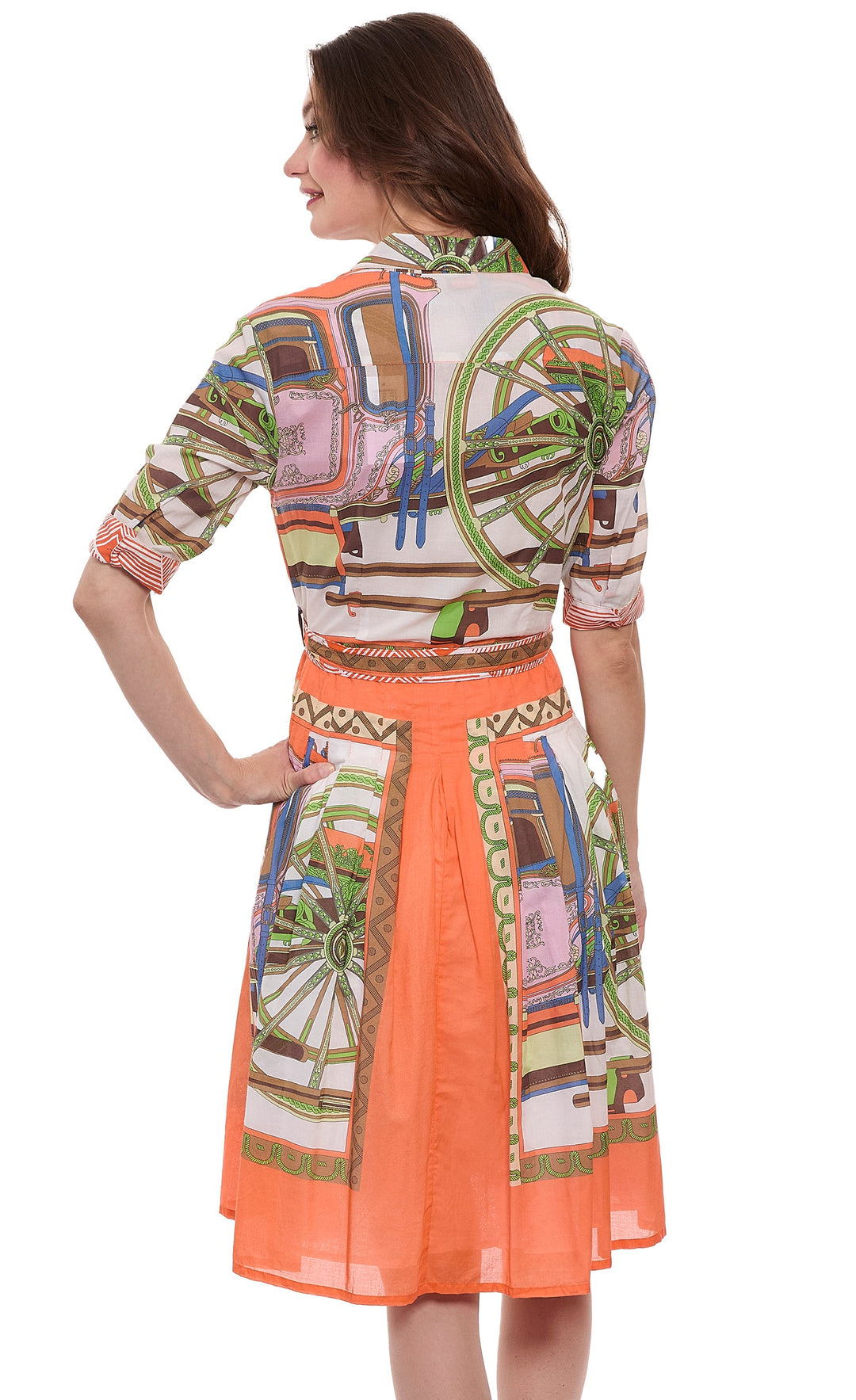 Dizzy-Lizzie Mrs Maisel Dress - Orange Coach Print available at Barbara Katz