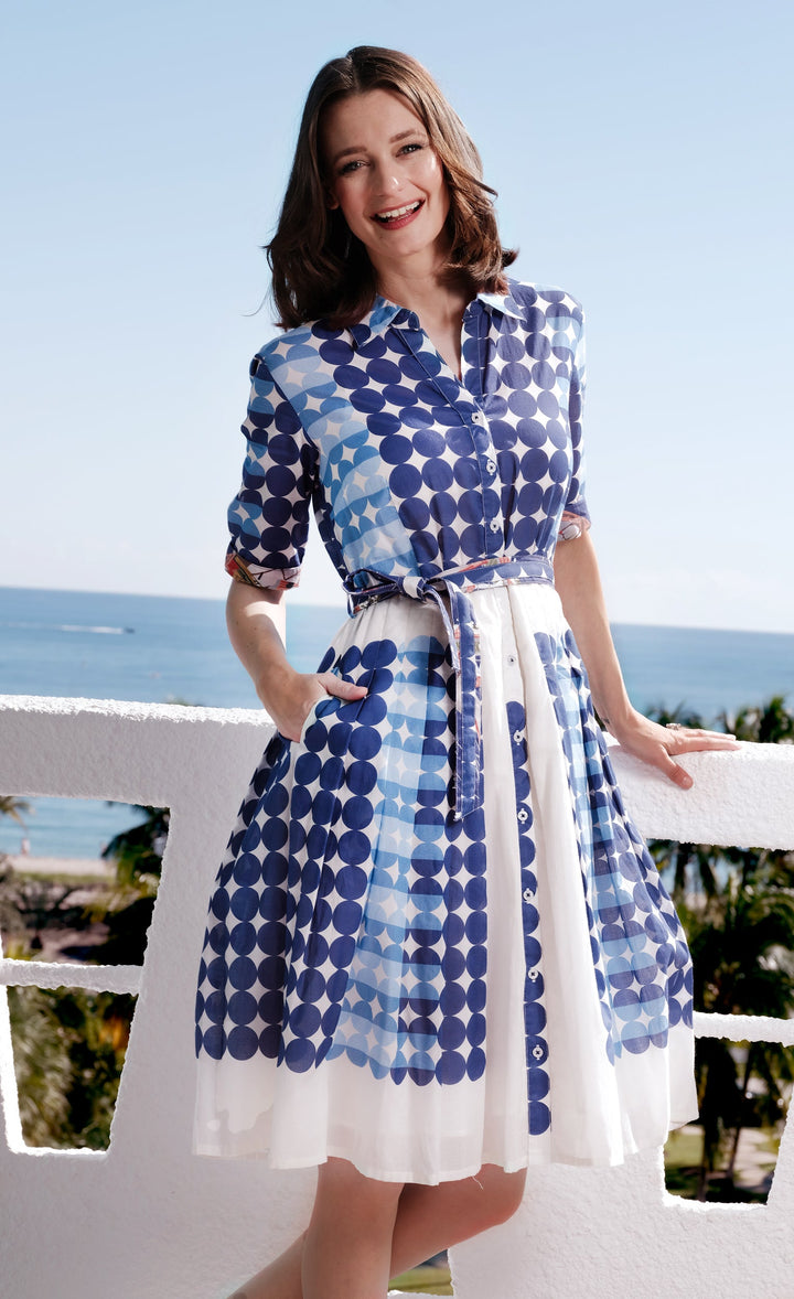 Dizzy-Lizzie Mrs Maisel Dress - Multi Blue Dot Print available at Barbara Katz