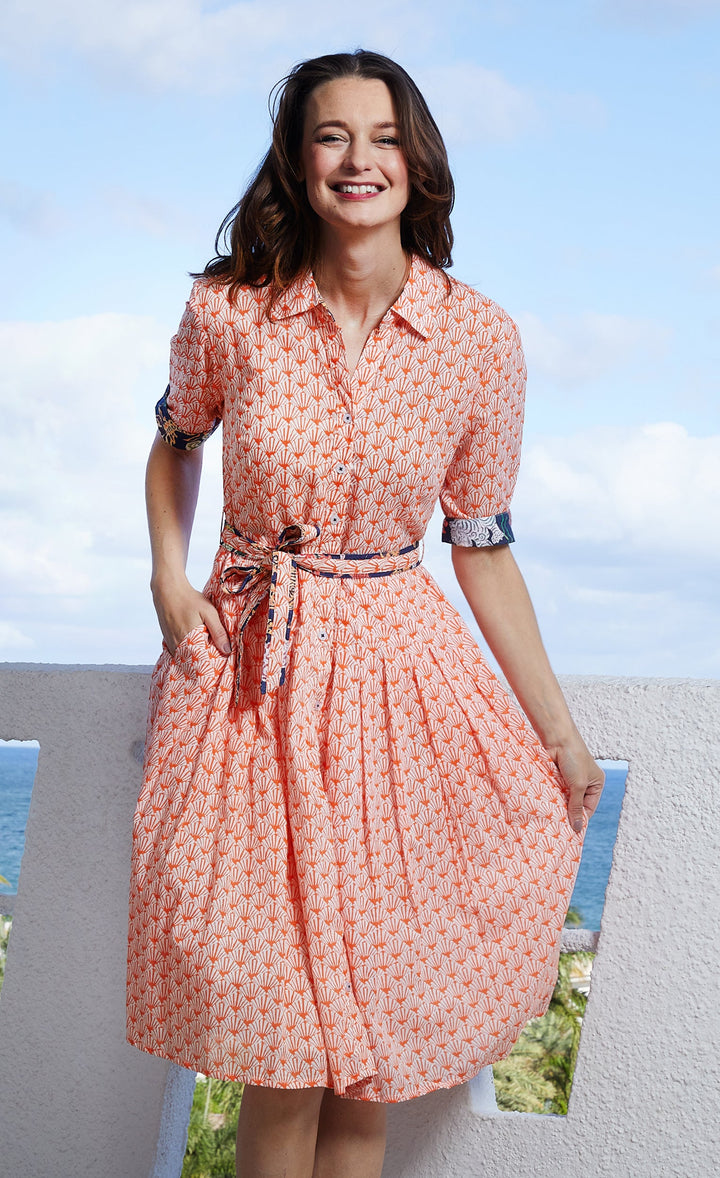 Dizzy-Lizzie Mrs Maisel Dress - Orange And White Fan Print available at Barbara Katz