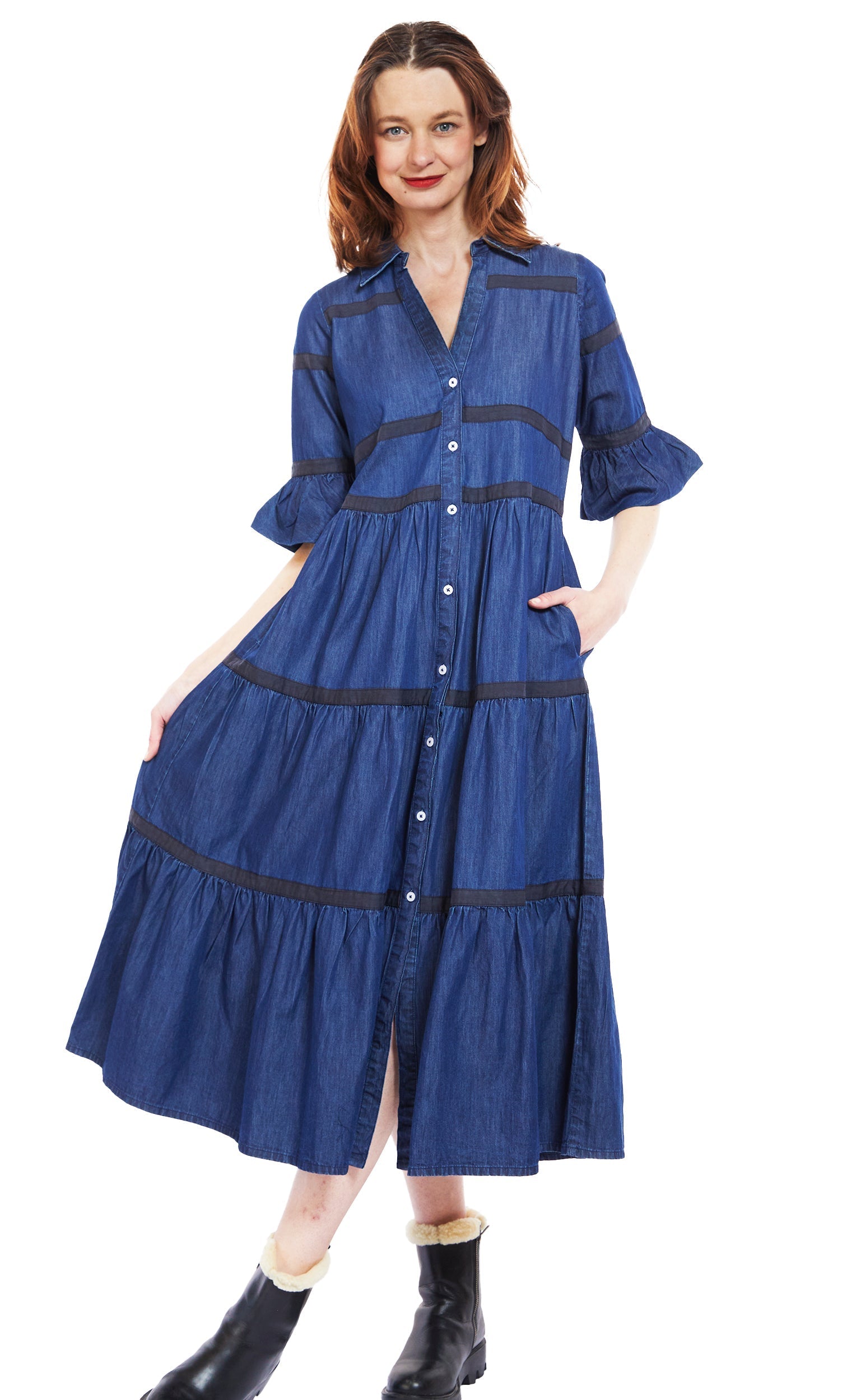 Dizzy-Lizzie Miami Midi Dress - Denim With Black Ribbon Trim