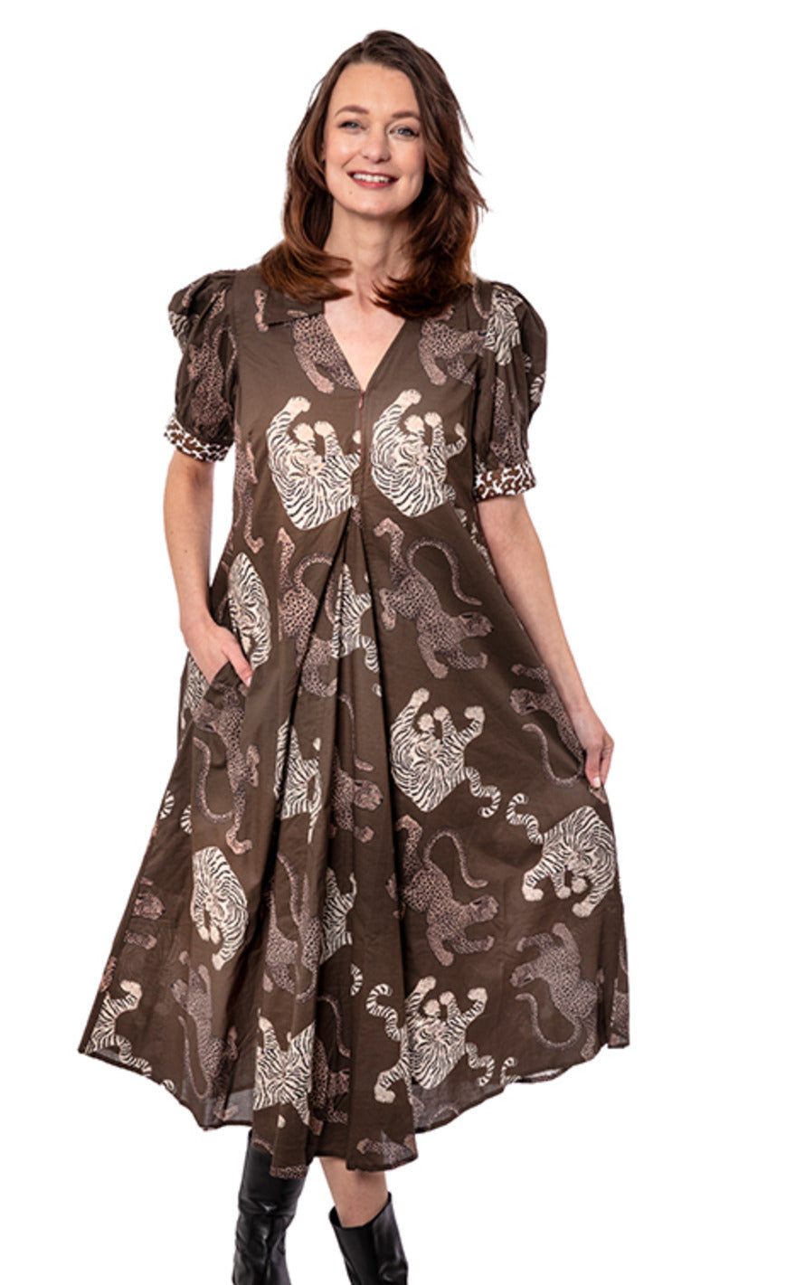 Dizzy-Lizzie Montauk Dress - Chocolate Ground with Cats available at Barbara Katz