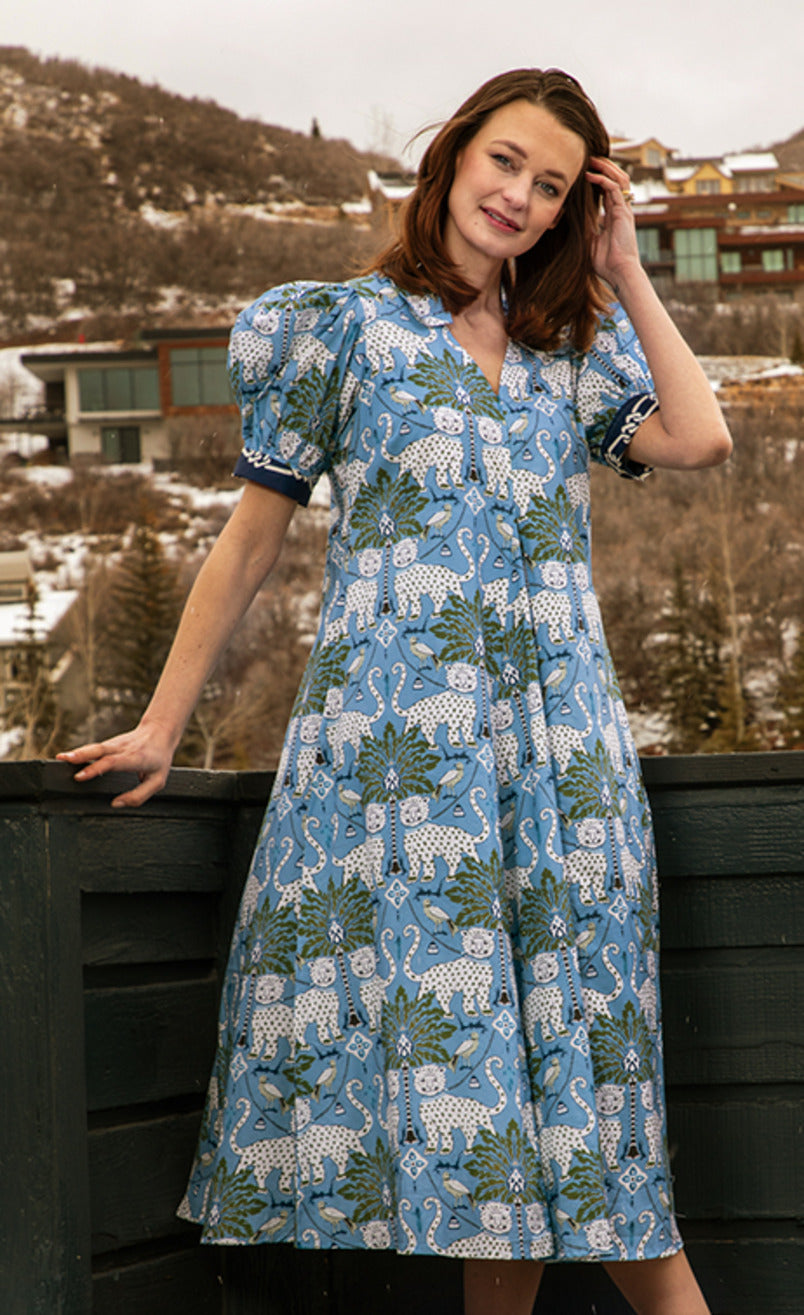 Dizzy-Lizzie Montauk Dress - Blue Ground with Cheetahs available at Barbara Katz