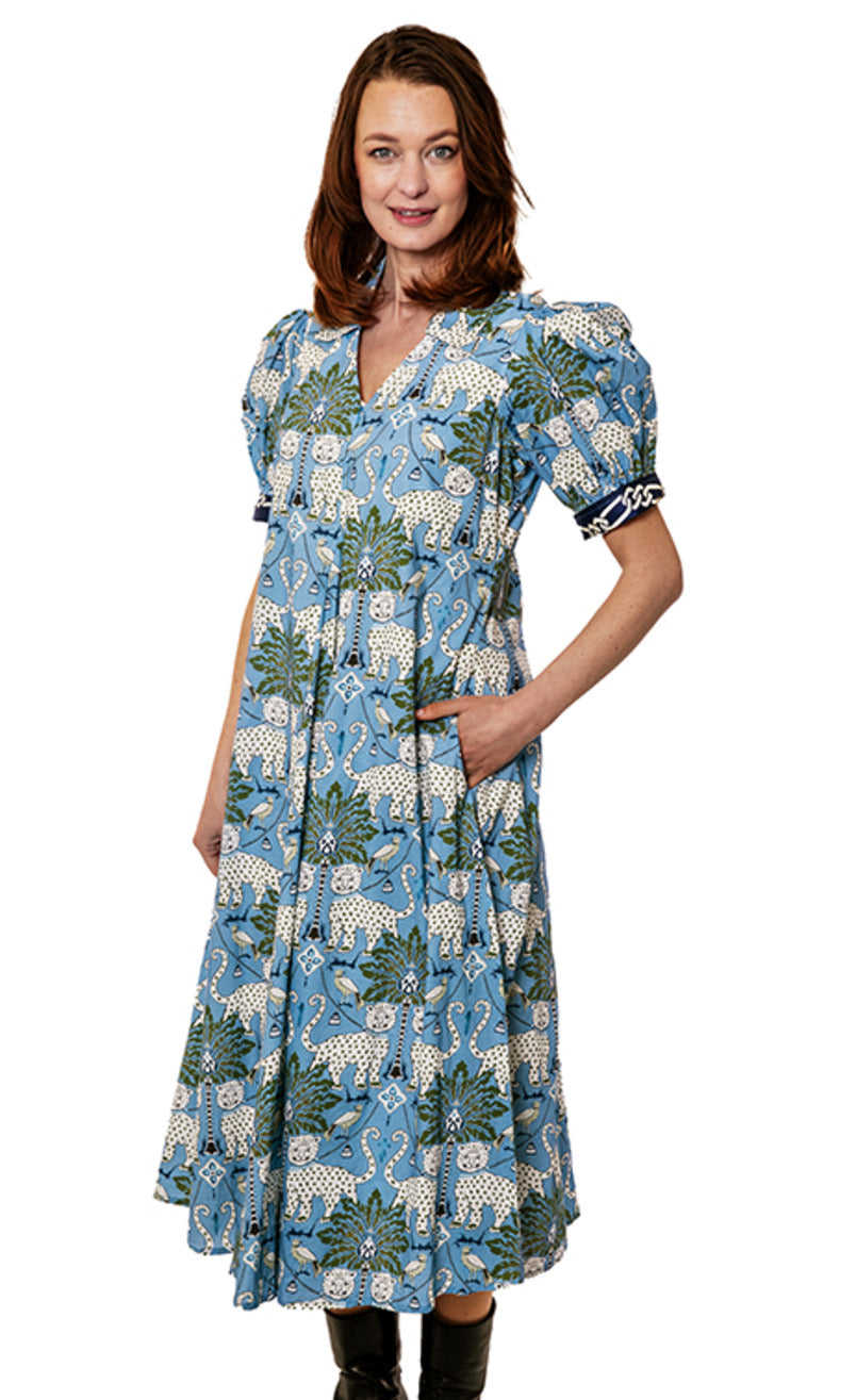 Dizzy-Lizzie Montauk Dress - Blue Ground with Cheetahs available at Barbara Katz