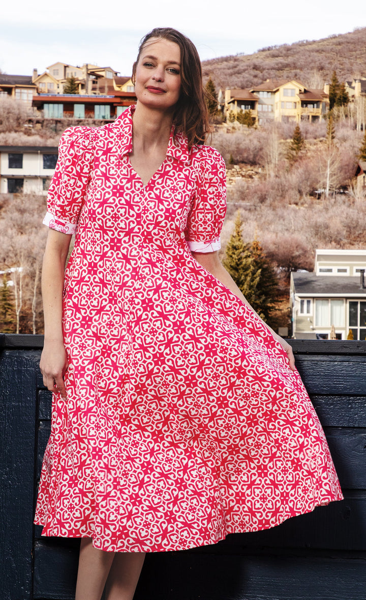 Dizzy-Lizzie Montauk Dress - Pink White Geometric available at Barbara Katz