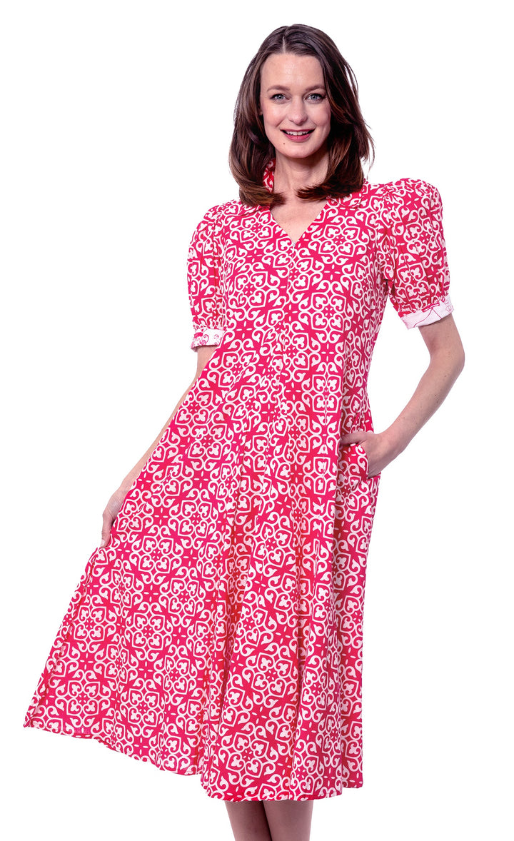 Dizzy-Lizzie Montauk Dress - Pink White Geometric available at Barbara Katz