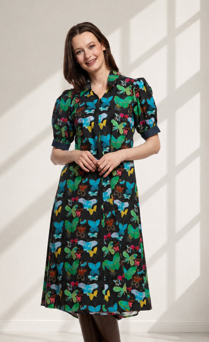 Dizzy-Lizzie Montauk Dress - Black with Butterfly Print available at Barbara Katz