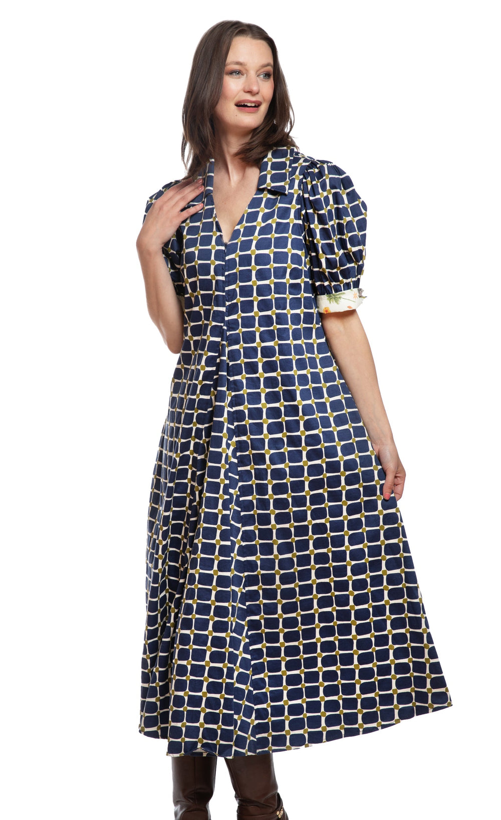 Dizzy-Lizzie Montauk Dress in Navy Green Grid Print available at Barbara Katz