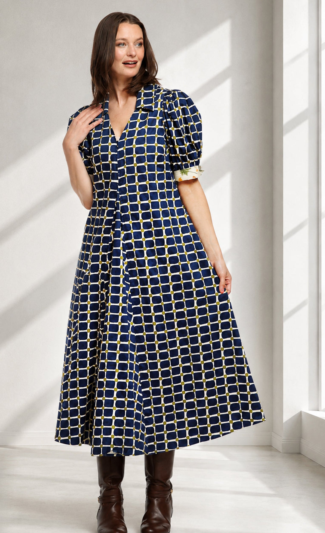 Dizzy-Lizzie Montauk Dress in Navy Green Grid Print available at Barbara Katz