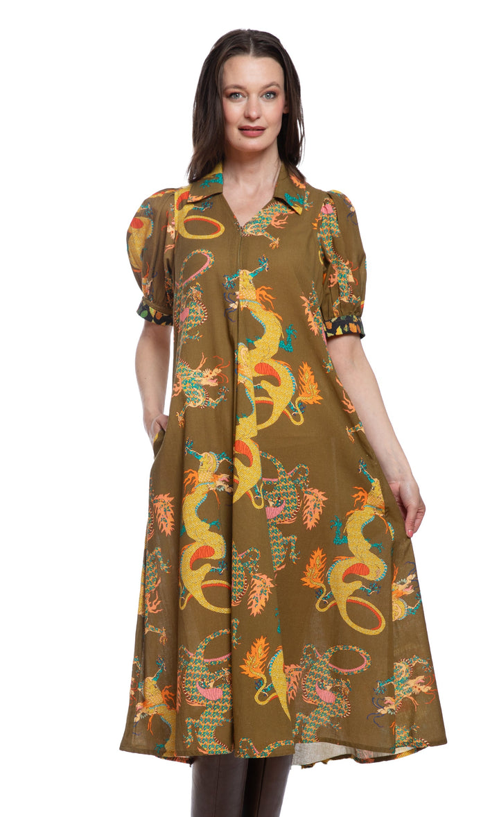 Dizzy-Lizzie Montauk Dress - Olive Dragon Print available at Barbara Katz