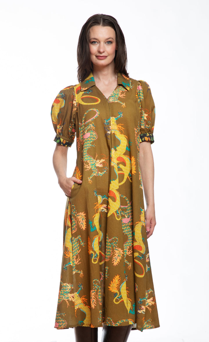 Dizzy-Lizzie Montauk Dress - Olive Dragon Print available at Barbara Katz