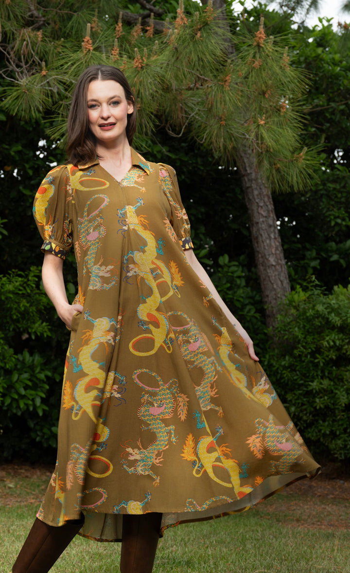 Dizzy-Lizzie Montauk Dress - Olive Dragon Print available at Barbara Katz