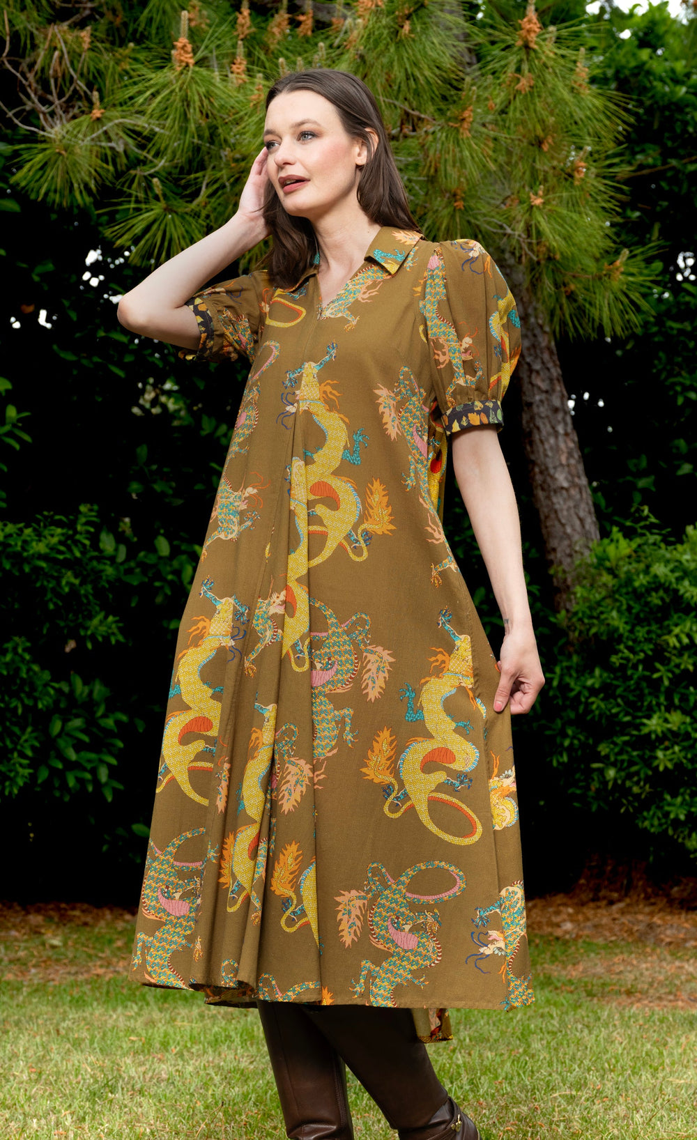 Dizzy-Lizzie Montauk Dress - Olive Dragon Print available at Barbara Katz
