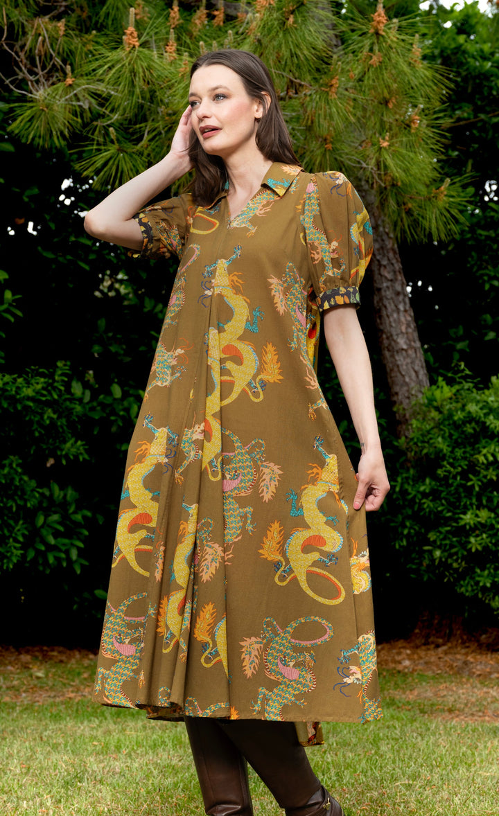 Dizzy-Lizzie Montauk Dress - Olive Dragon Print available at Barbara Katz