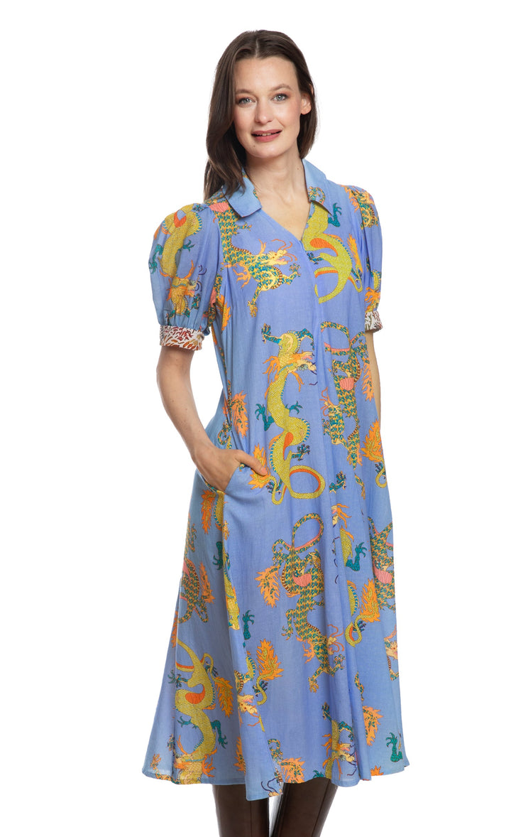 Dizzy-Lizzie Montauk Dress in Blue Dragon Print available at Barbara Katz