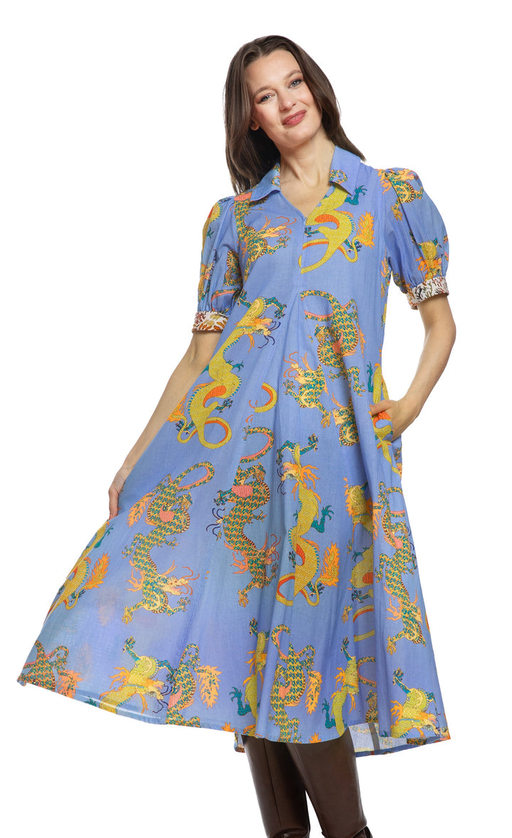 Dizzy-Lizzie Montauk Dress in Blue Dragon Print available at Barbara Katz