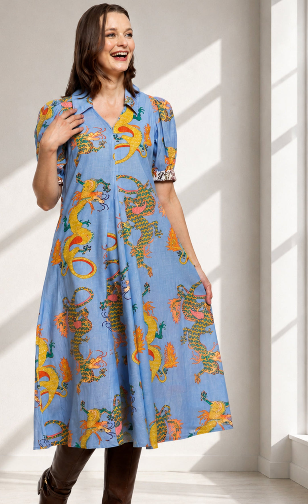 Dizzy-Lizzie Montauk Dress in Blue Dragon Print available at Barbara Katz