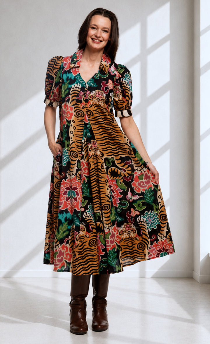 Dizzy-Lizzie Montauk Dress - Tiger Rug Print available at Barbara Katz