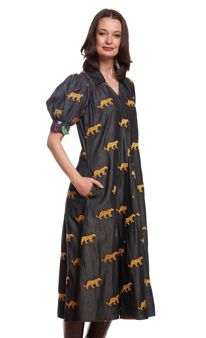 Dizzy-Lizzie Montauk Dress - Black with Embroidered Cheetahs available at Barbara Katz