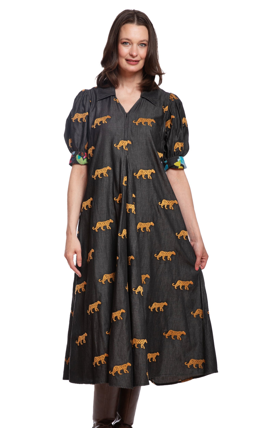 Dizzy-Lizzie Montauk Dress - Black with Embroidered Cheetahs available at Barbara Katz